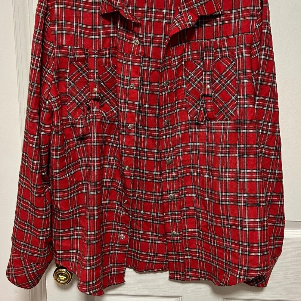 Rare Vintage USA Lip Service Tartan Red Plaid Goth Punk Shirt D Ring Men's XL - Picture 3 of 16